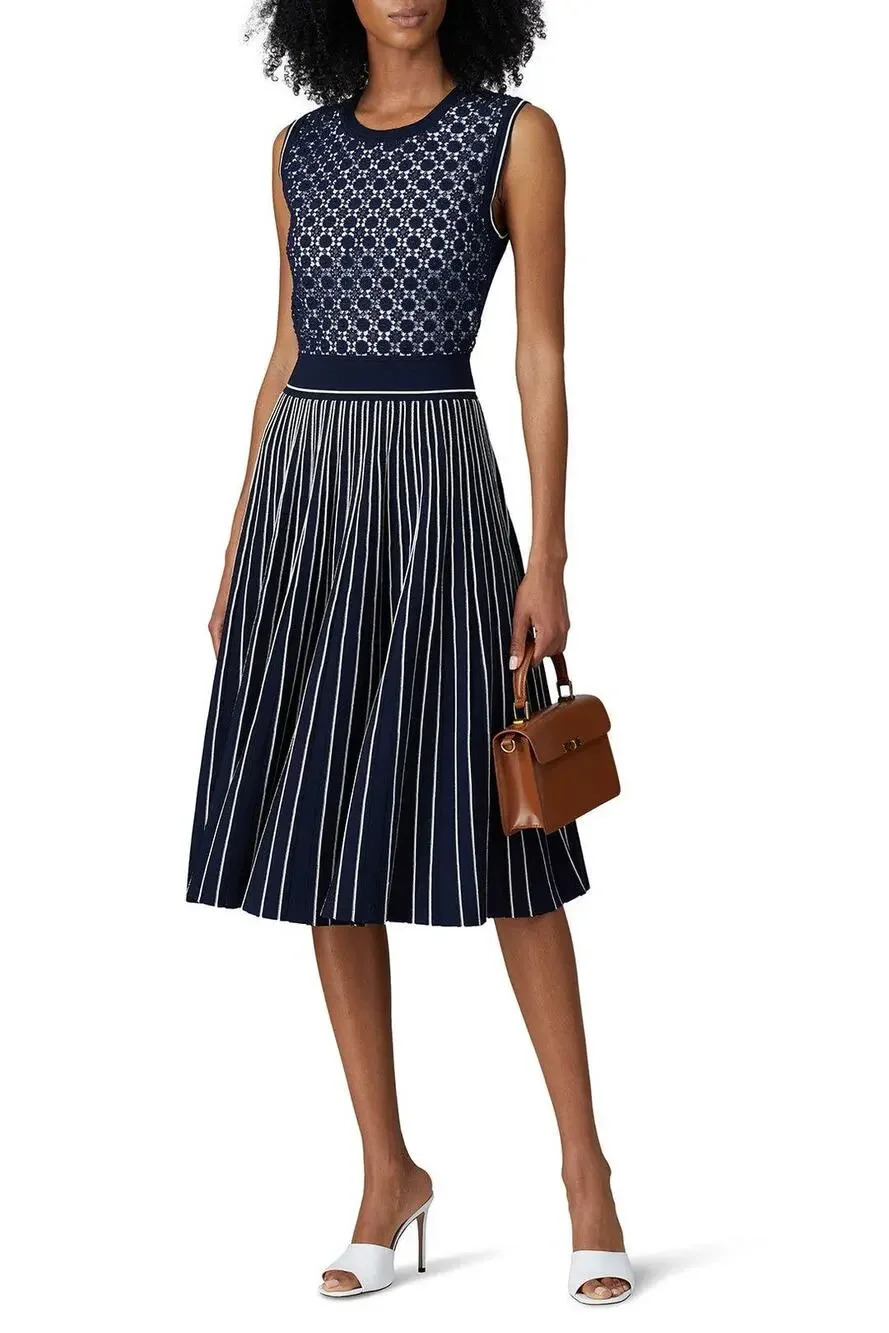 Tory Burch Navy Blue Sleeveless Pleated Knit Crewneck Midi Sweater Dress Size XS